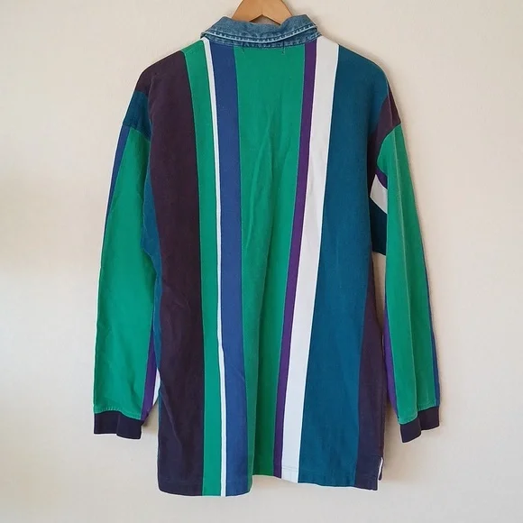 Vintage John Ashford Striped Rugby Long Sleeve Polo Multicolor Shirt - Picture 4 of 4